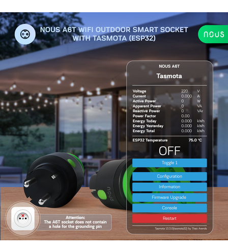 Nous A6T WiFi Outdoor Smart Socket with Tasmota (2pcs)