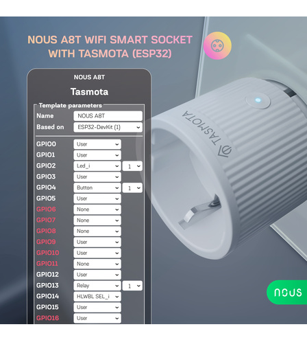 Nous A8T WiFi Smart Socket with Tasmota (ESP32) (4pcs)