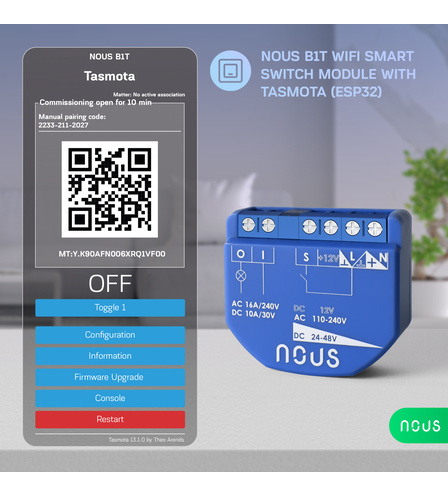 Nous B1T WiFi Tasmota Switch Module (1 channel, no PM, ESP32) 