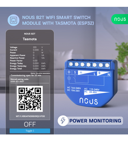 Nous B2T WiFi Tasmota Switch Module (1 channel, with PM, ESP32) 