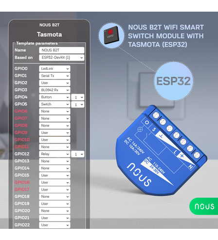 Nous B2T WiFi Tasmota Switch Module (1 channel, with PM, ESP32) 