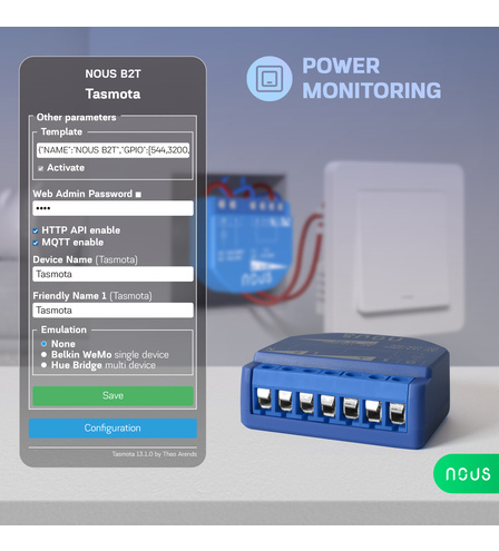 Nous B2T WiFi Tasmota Switch Module (1 channel, with PM, ESP32) 