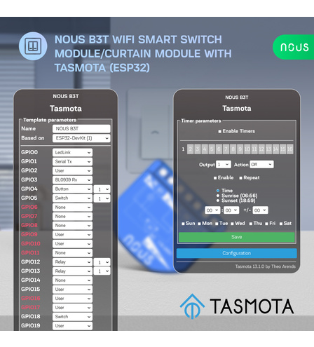 Nous B3T WiFi Tasmota Switch Module(2 channel with PM) / Curtain module(1 channel) (ESP32)