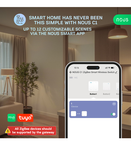 NOUS С1 ZigBee Smart Wireless Switch (4 Buttons)