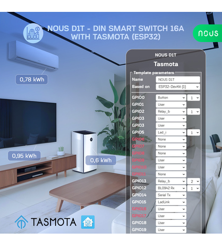 Nous D1T - DIN Smart Switch 16A with Tasmota (ESP32)