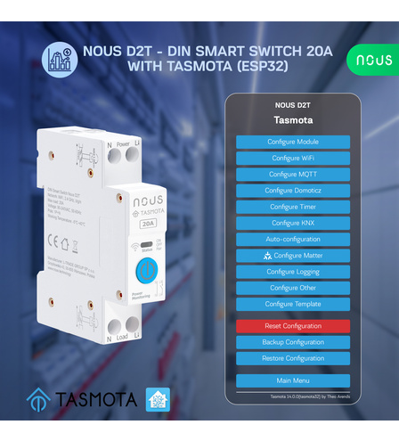 Nous D2T - DIN Smart Switch 20A with Tasmota (ESP32)