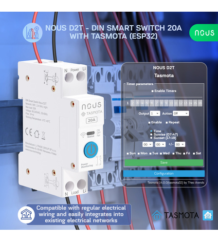 Nous D2T - DIN Smart Switch 20A with Tasmota (ESP32)