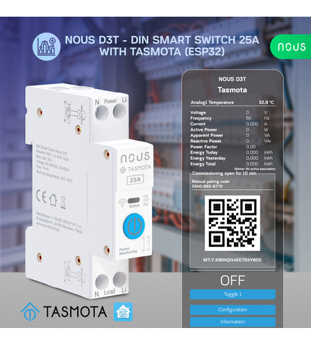Nous D3T - DIN Smart Switch 25A with Tasmota (ESP32)