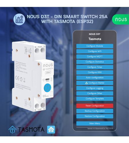 Nous D3T - DIN Smart Switch 25A with Tasmota (ESP32)