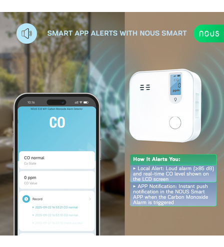 NOUS E18 WiFi Carbon Monoxide Alarm Detector