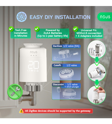 NOUS H1Z ZigBee Smart Thermostatic Radiator Valve - TRV  (3pcs)